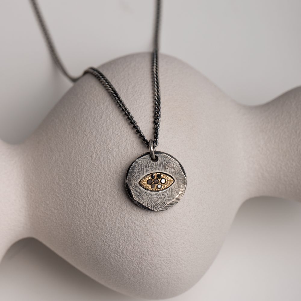 Evil Eye Necklace Black Diamonds Oxidized Silver 14K Gold