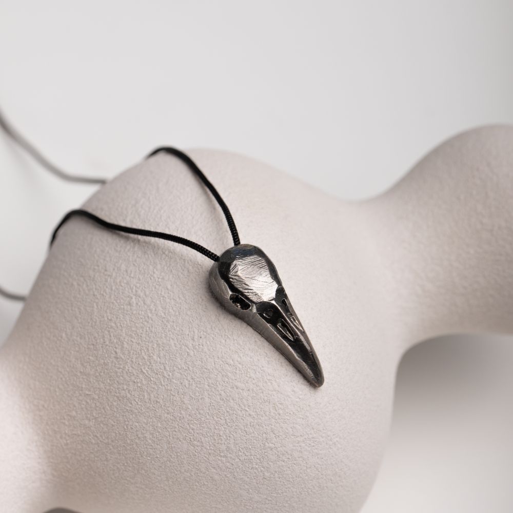 Raven Skull Necklace Oxidized Silver