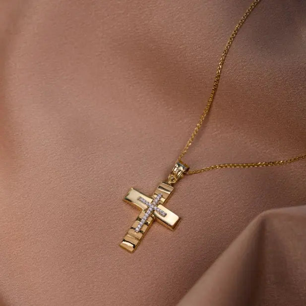 Textured 14K Gold Cross with Chain