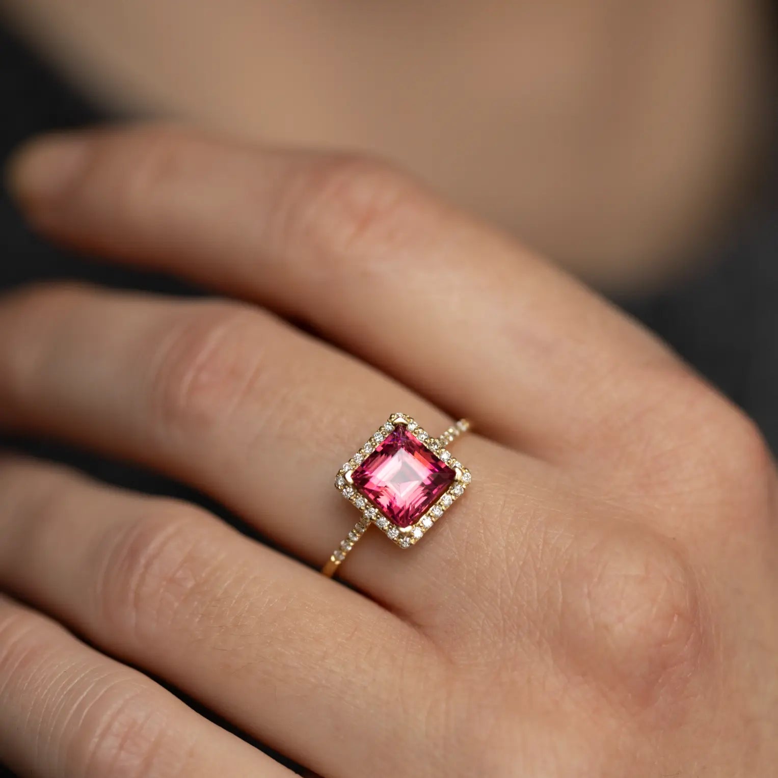18K Gold Pink Tourmaline Diamond Engagement Ring on hand