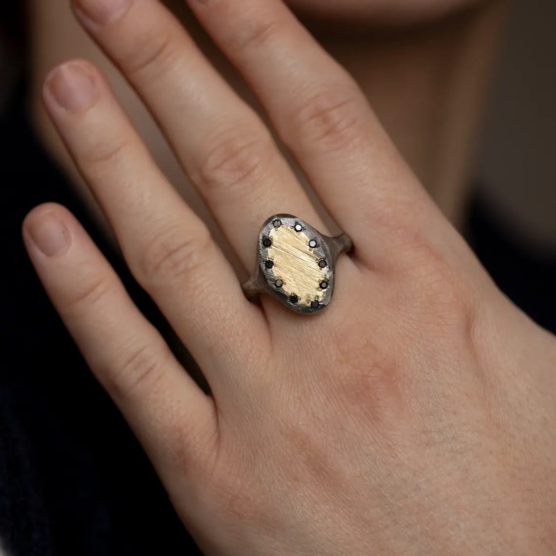 Oval Ring 14K Gold Oxidized Silver 925 Black Diamonds