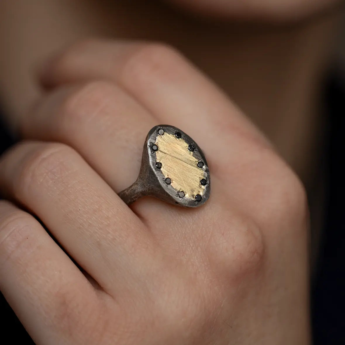 Oval Ring 14K Gold Oxidized Silver 925 Black Diamonds