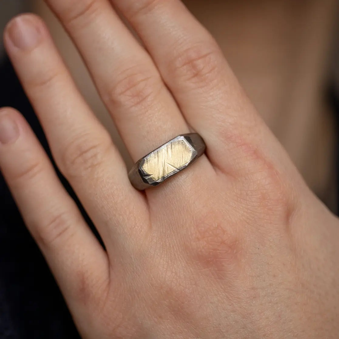 14K Gold Oxidized Silver 925 Signet Ring on hand, handmade in brutalist style, elegant gift for men with certificate of authenticity.