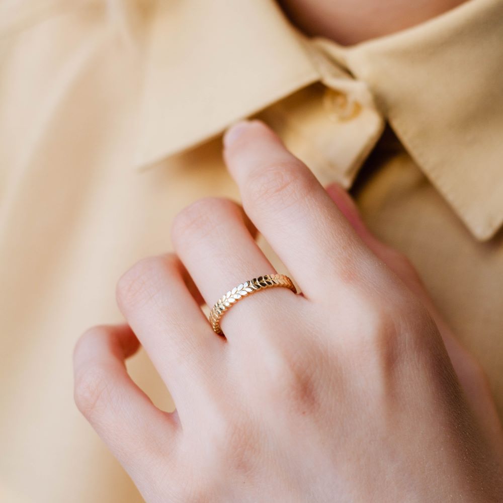 Leaf Wedding Band Ring 14K Gold Kyklos Jewelry