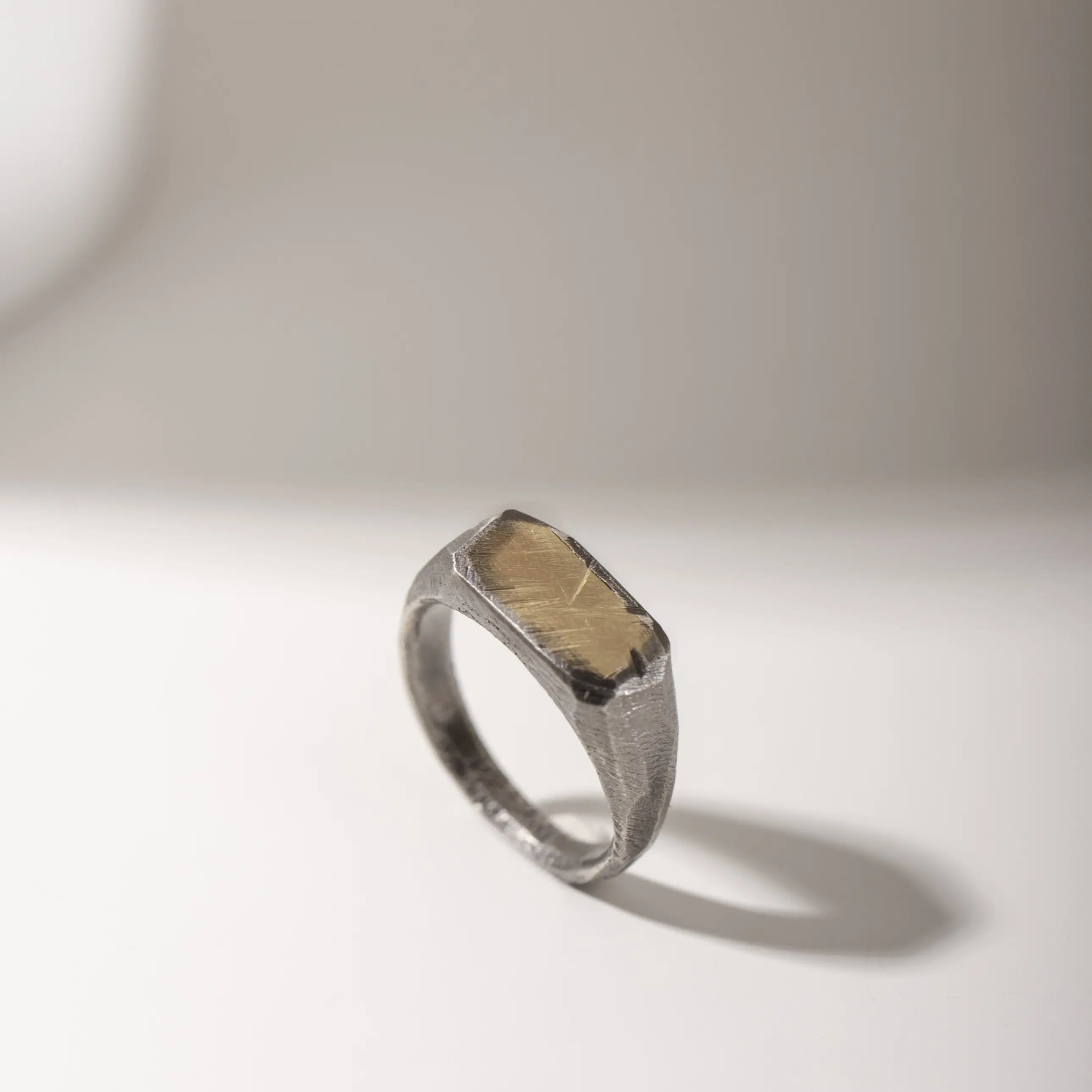 14K Gold Oxidized Silver 925 Signet Ring for men, handcrafted in brutalist style, with elegant gift packaging included.