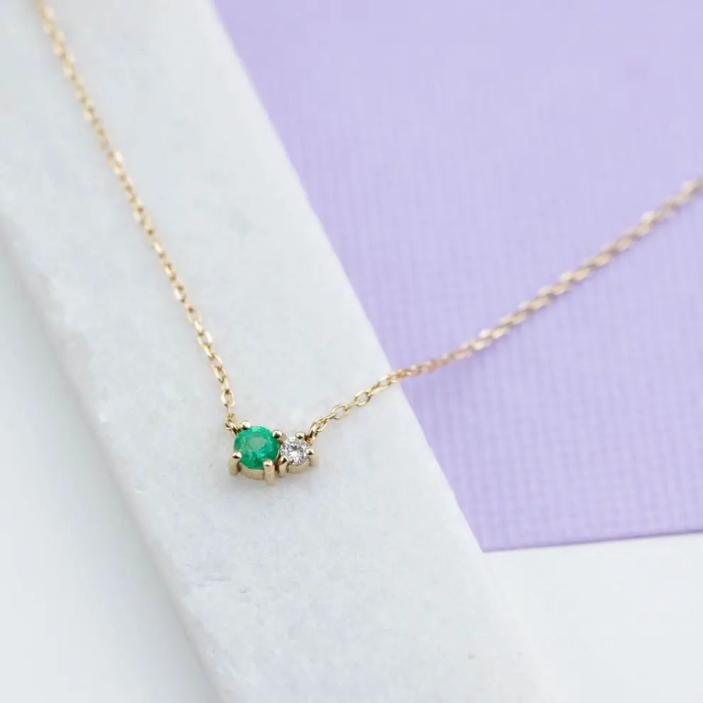 Emerald Diamond Necklace in 14K Yellow Gold with round emerald and brilliant cut diamond, perfect handmade jewelry gift.