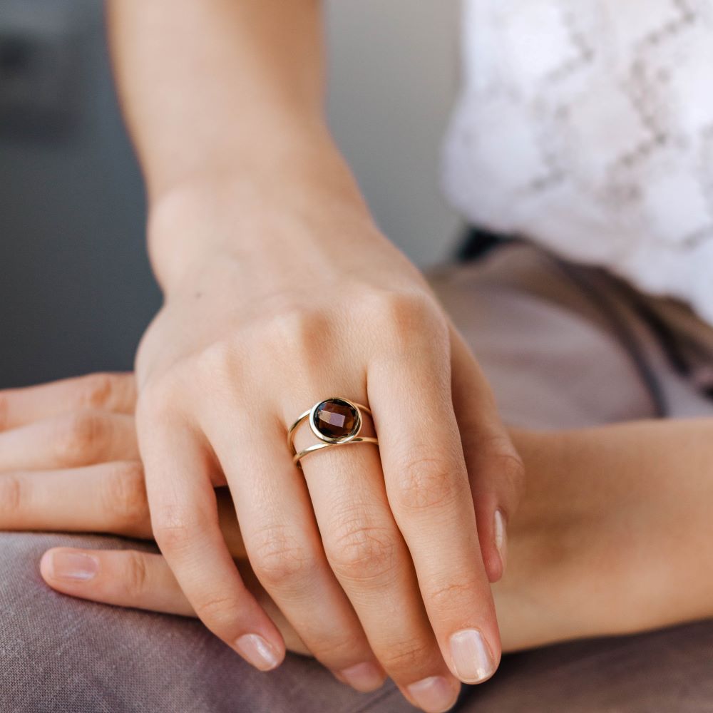 Smoky Quartz 14K Double Band Ring with 10mm Gemstone