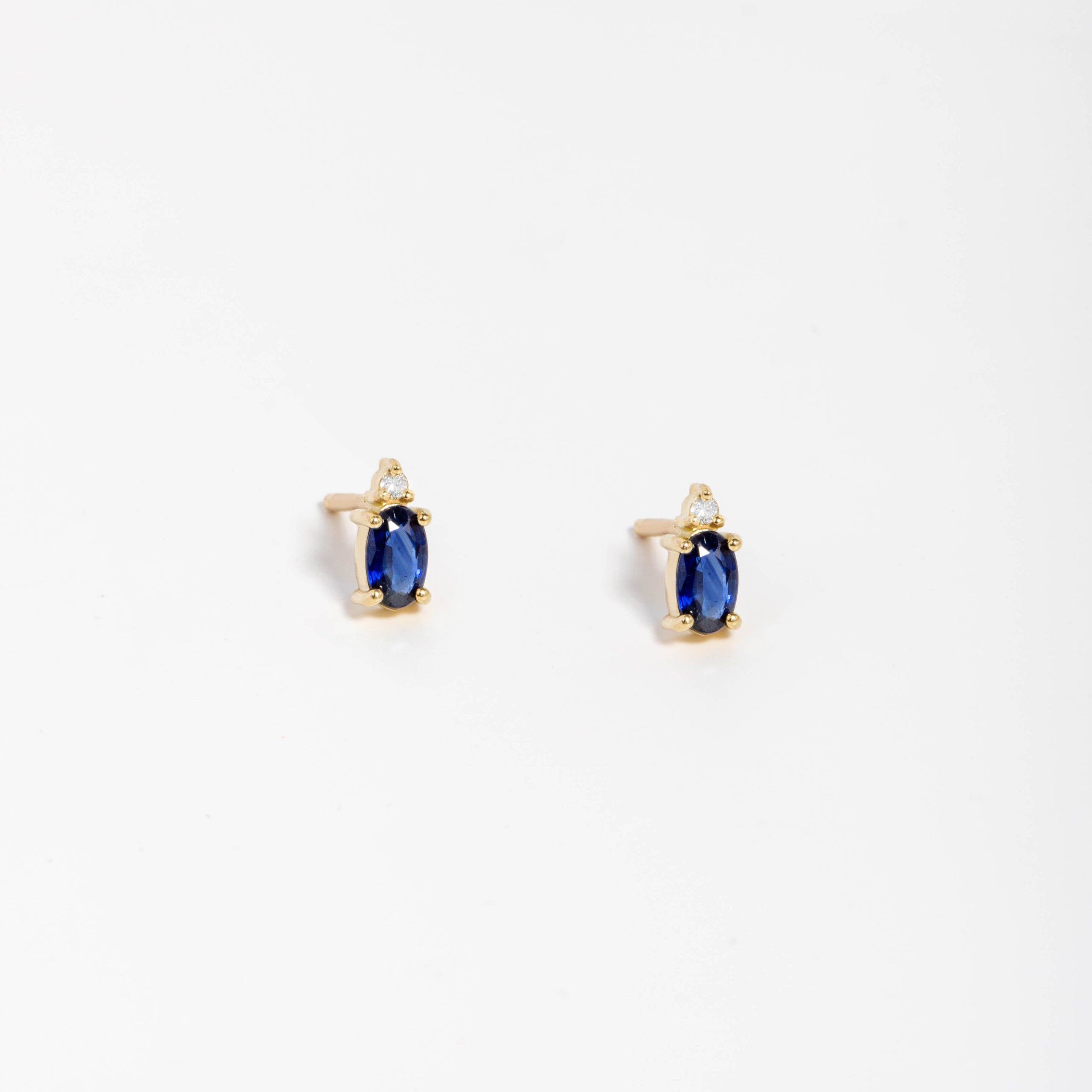 Blue Sapphire Diamond Oval Earrings 14K Solid Gold