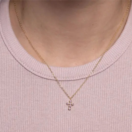 Small Cross Necklace Pink Sapphire 14K Gold