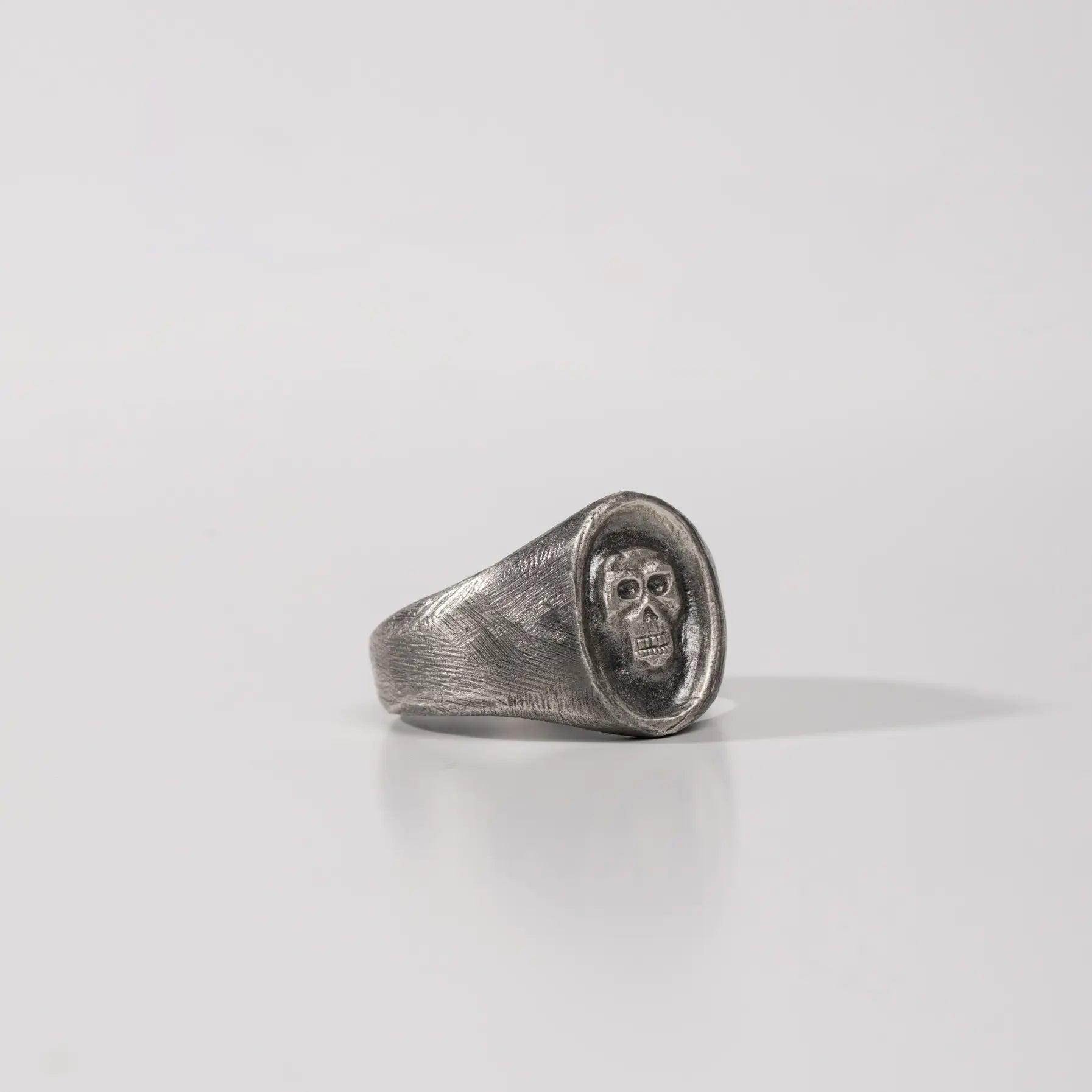 Skull Ring Oxidized Silver 925 with black finish, handmade for men in brutalist style, featuring elegant gift packaging.