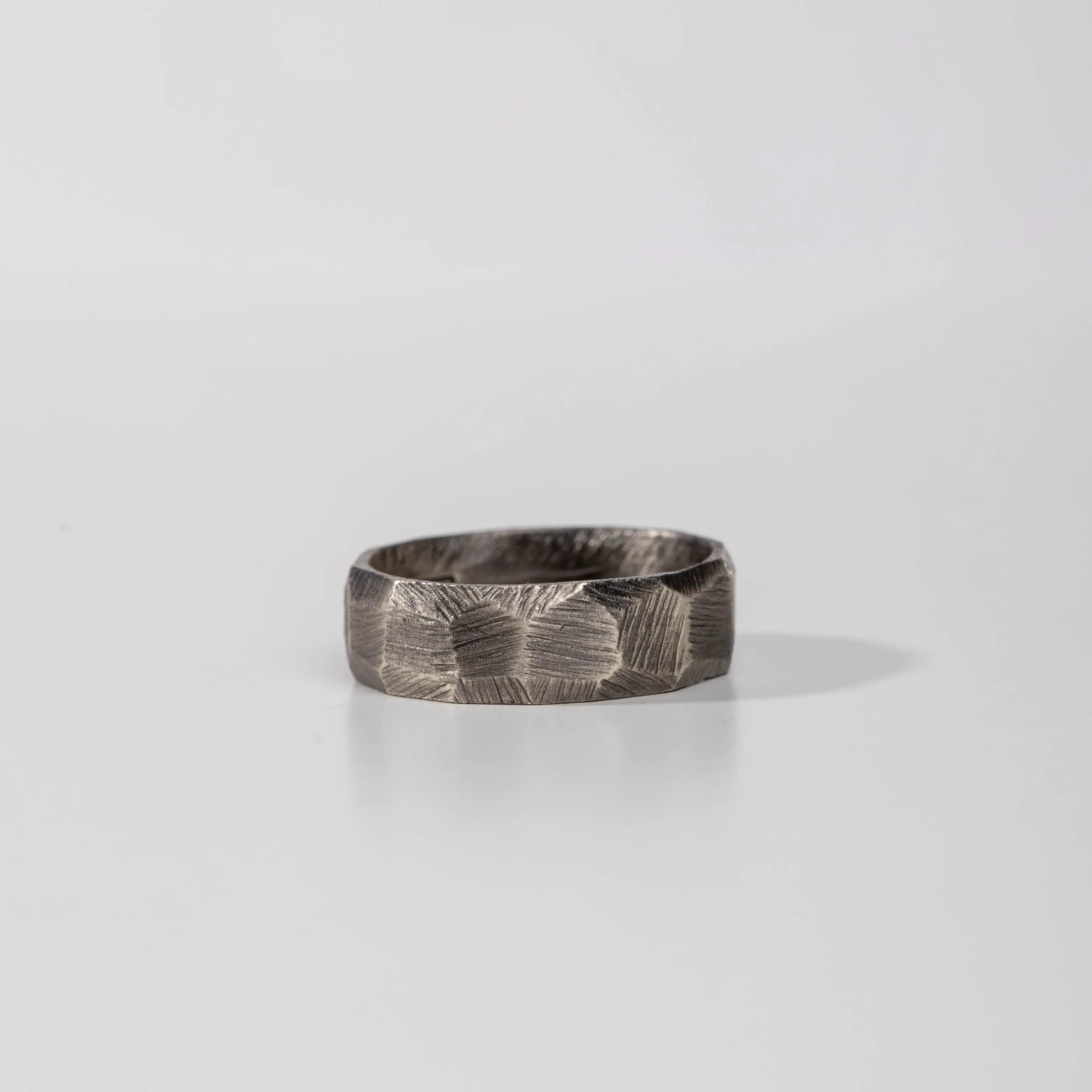 Faceted Ring Oxidized Silver, handcrafted men's brutalist style wide band, 925 sterling silver with black oxidized finish, 7mm width