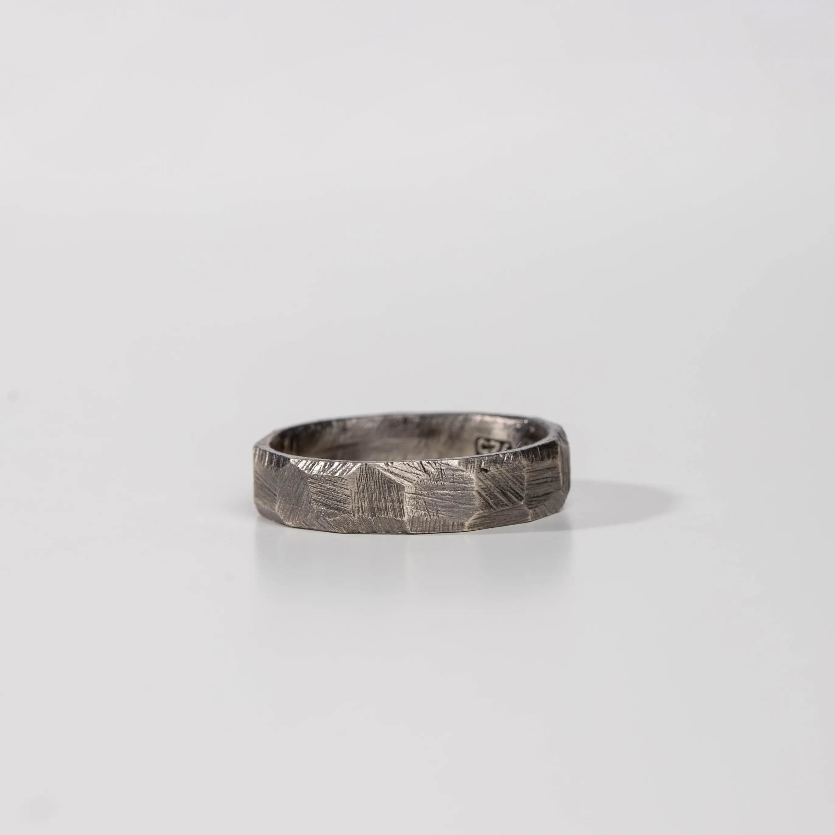 Faceted Band Ring Oxidized Silver in brutalist style, handcrafted for men, high quality 925 sterling silver, 5mm width, perfect gift.