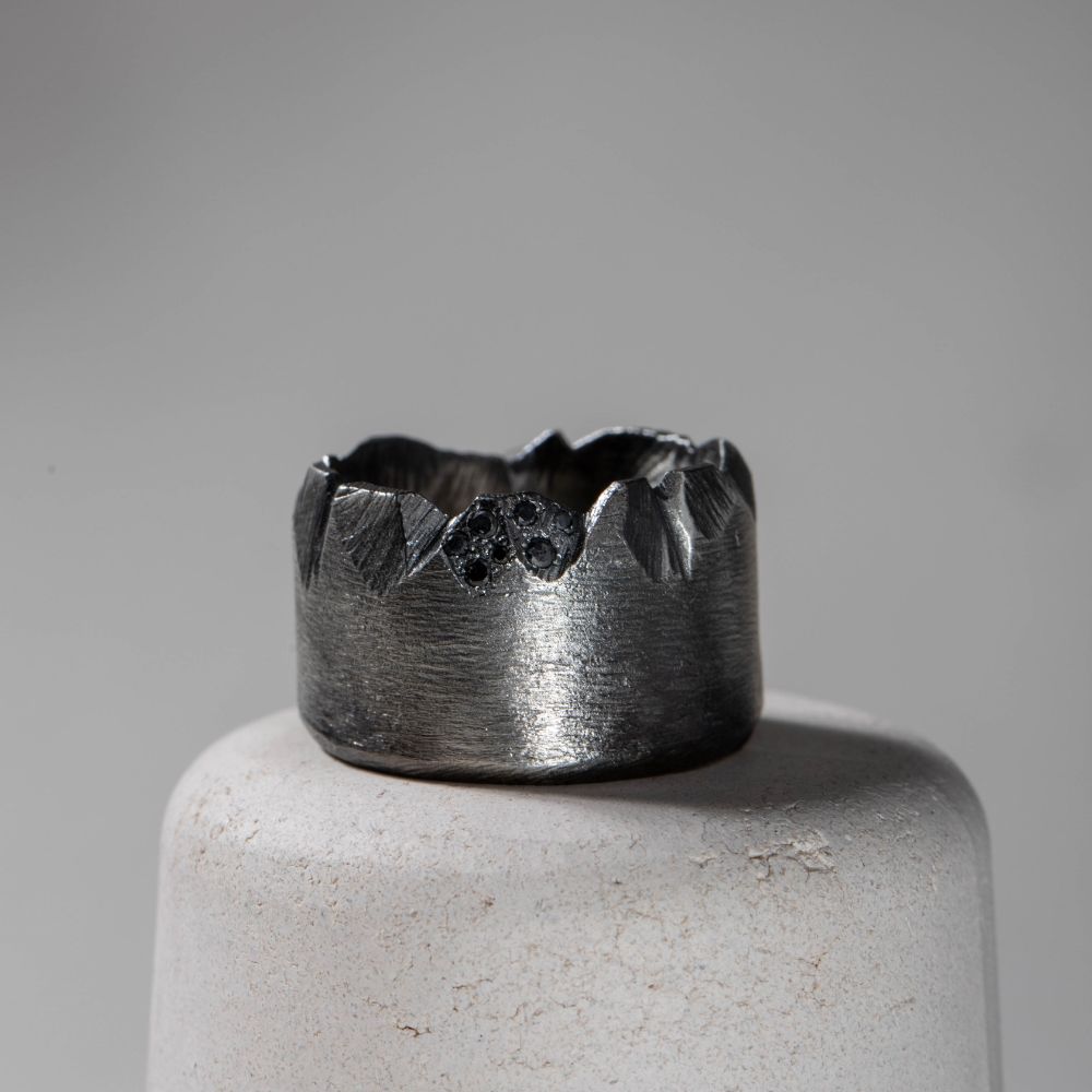 Black Diamond Wide Band Ring Oxidized Silver