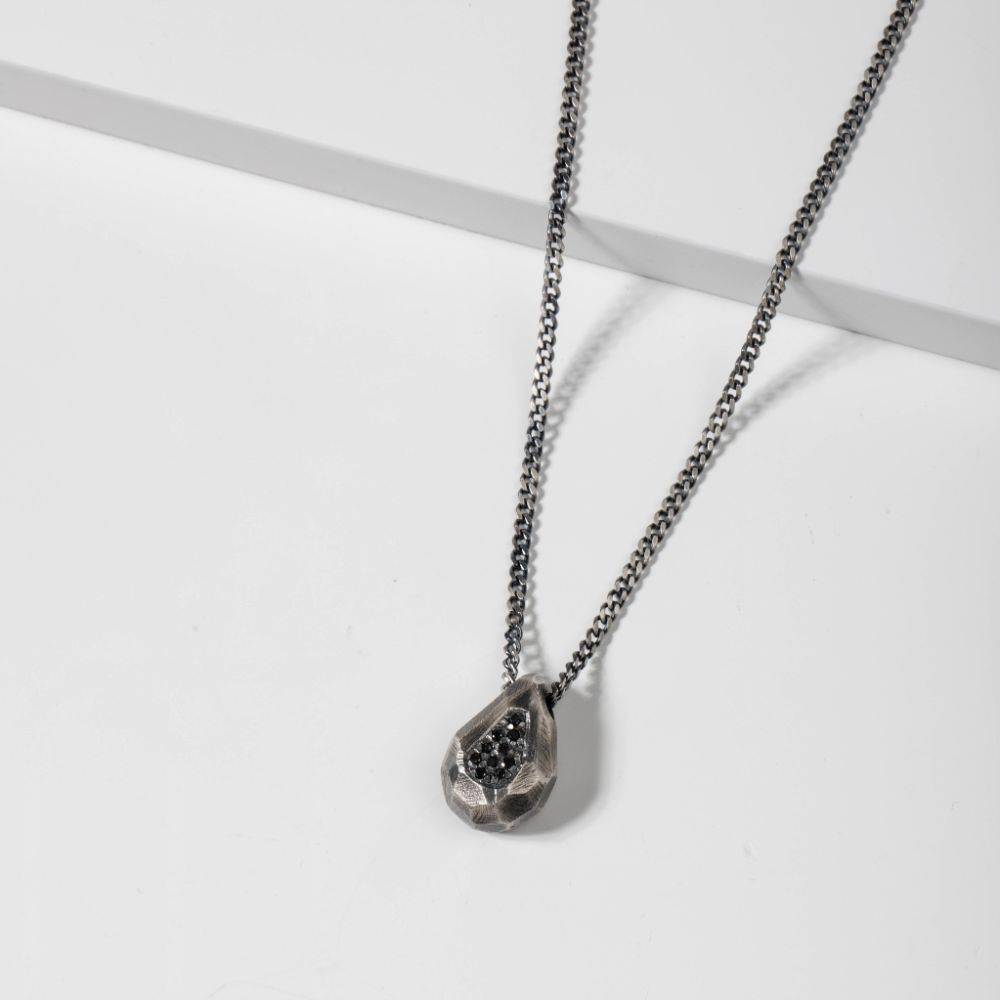 Drop Necklace Oxidized Silver Black Diamonds with teardrop pendant and sterling silver chain.