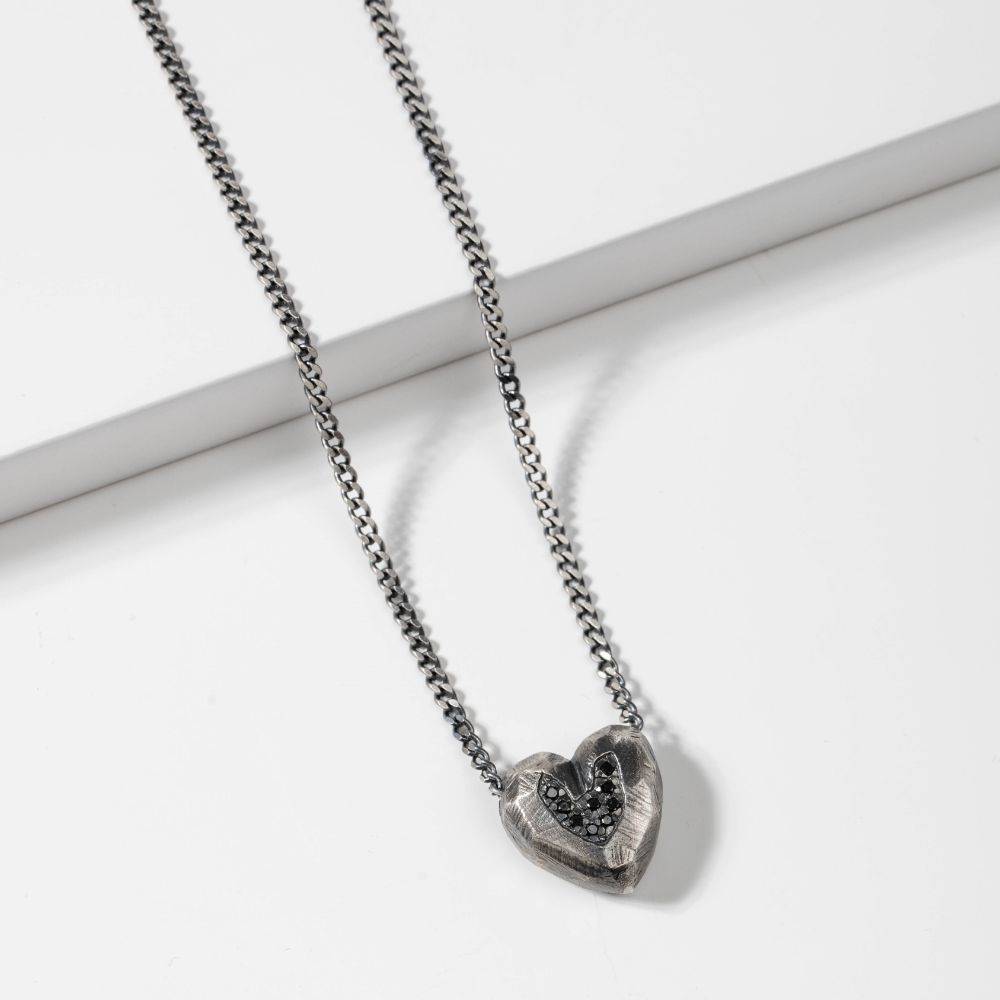 Heart Necklace Oxidized Silver Black Diamonds with sterling silver chain and black oxidized finish
