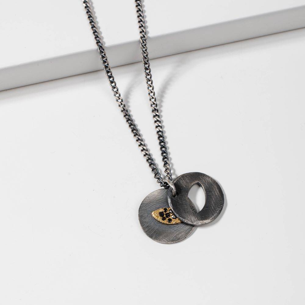 Evil Eye Necklace Black Diamonds Oxidized Silver 14K Gold by Kyklos