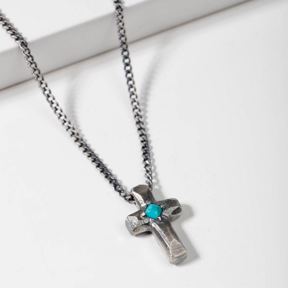 Turquoise Cross Pendant Necklace Oxidized Silver 925