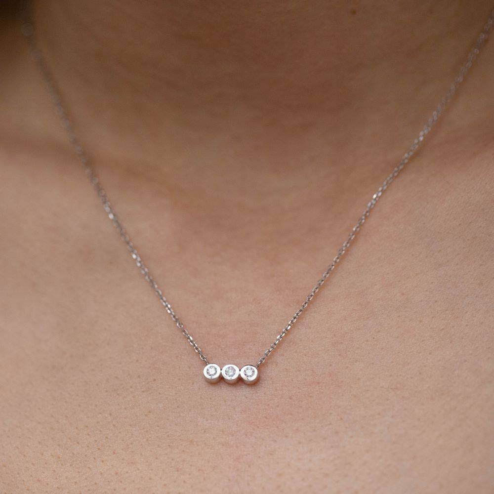 Diamond Bar Necklace 14K Gold with three 0.105ct diamonds on 14K gold chain, elegant gift package, certificate included.