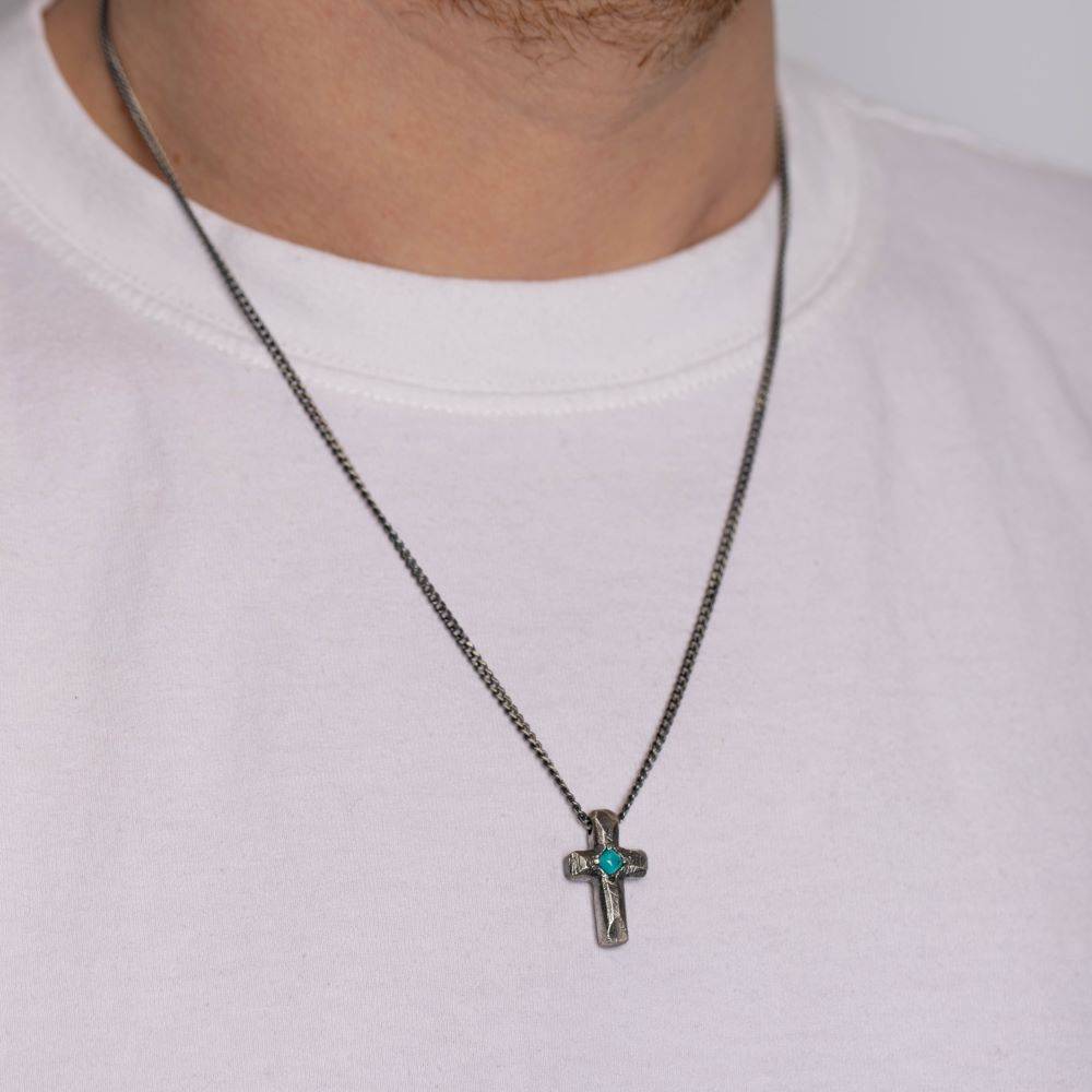 Turquoise Cross Pendant Necklace Oxidized Silver