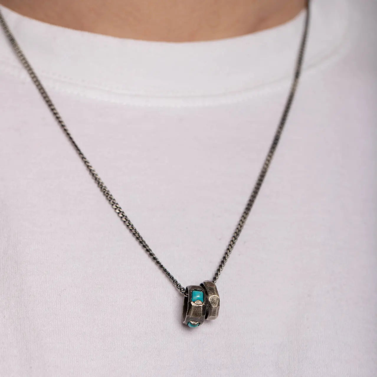 Circles Turquoise Necklace Oxidized Silver 925 on model, featuring sterling silver and turquoise pendant.