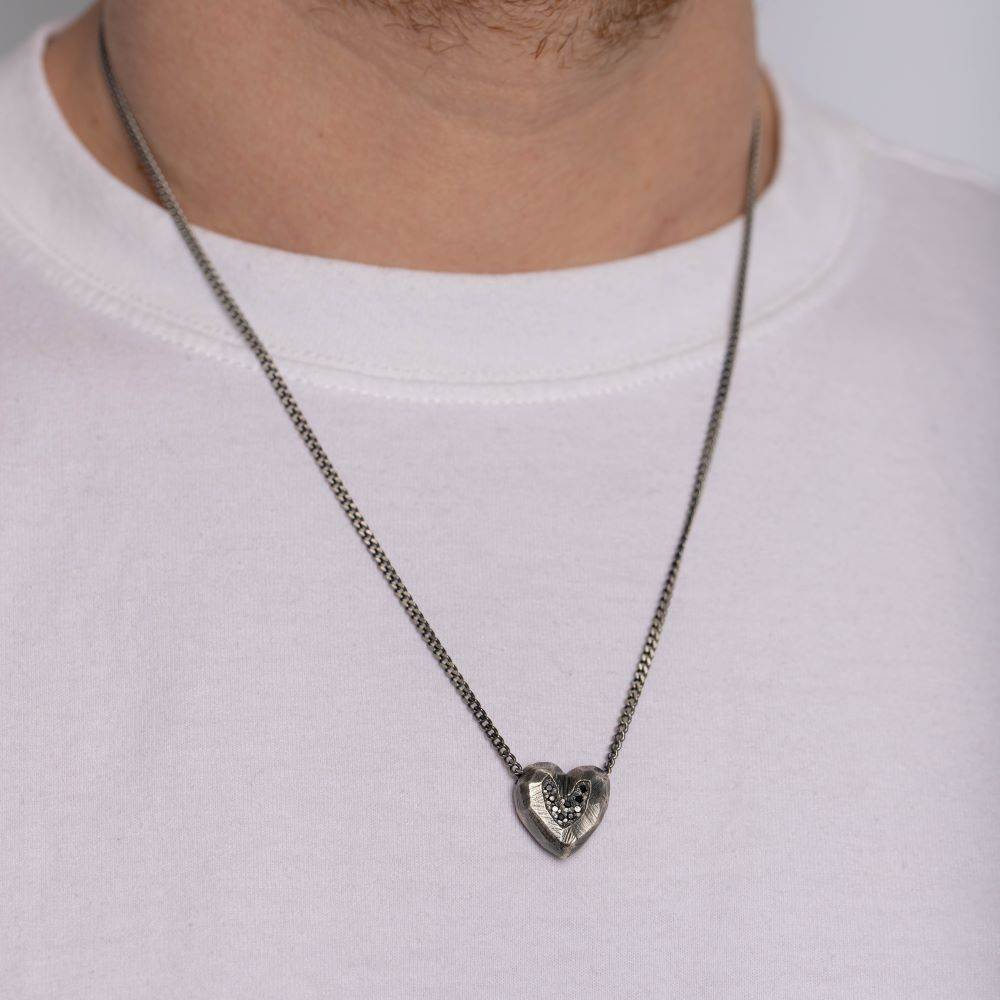 Heart Necklace Oxidized Silver Black Diamonds on person, sterling silver, handmade