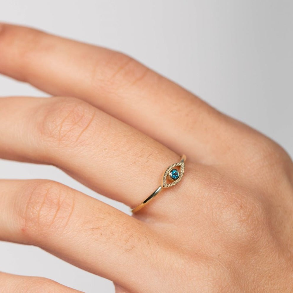 Evil Eye Ring 14K Gold Blue Topaz Kyklos Jewelry