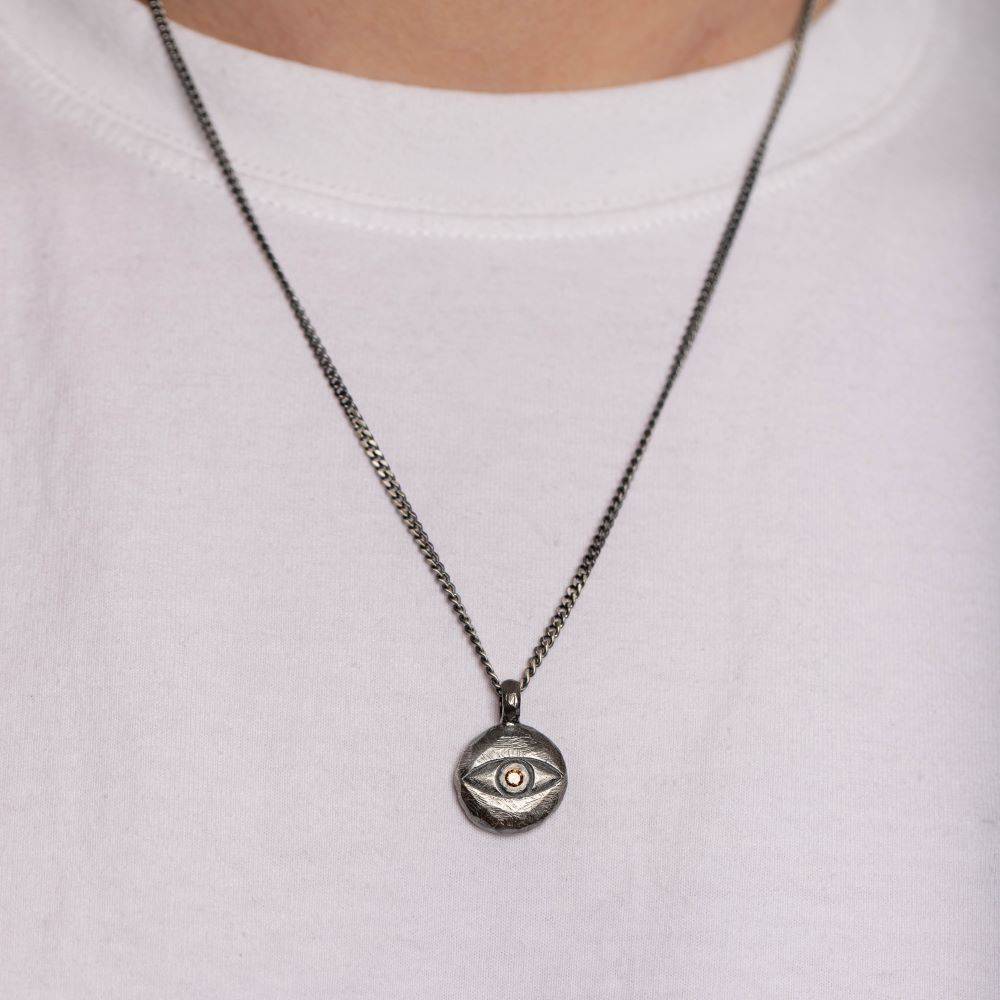 Evil Eye Necklace Oxidized Silver Brown Diamond