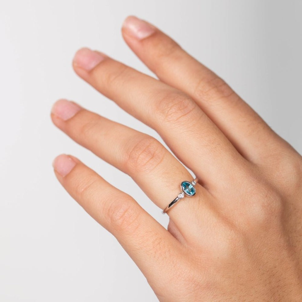 Blue Zircon Oval Ring Diamonds 14K White Gold