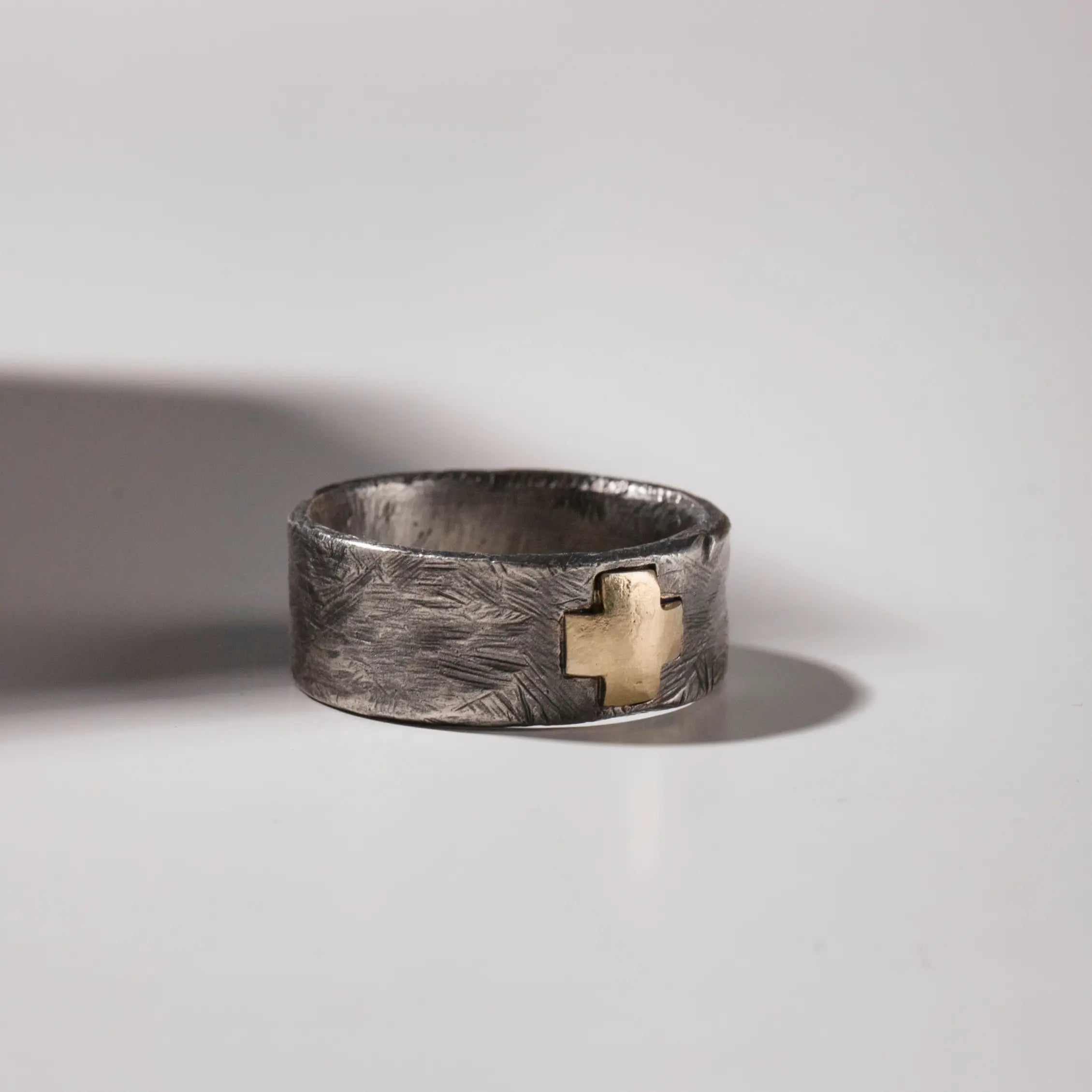 Cross Band Ring 14K Gold Oxidized Silver, handcrafted men's ring with black oxidized finish, sterling silver and gold cross design.