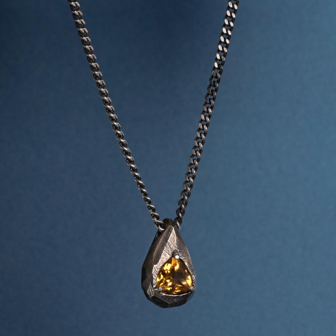 Citrine drop necklace oxidized silver with hand-carved pendant and gemstone on black chain, perfect unisex jewelry gift.