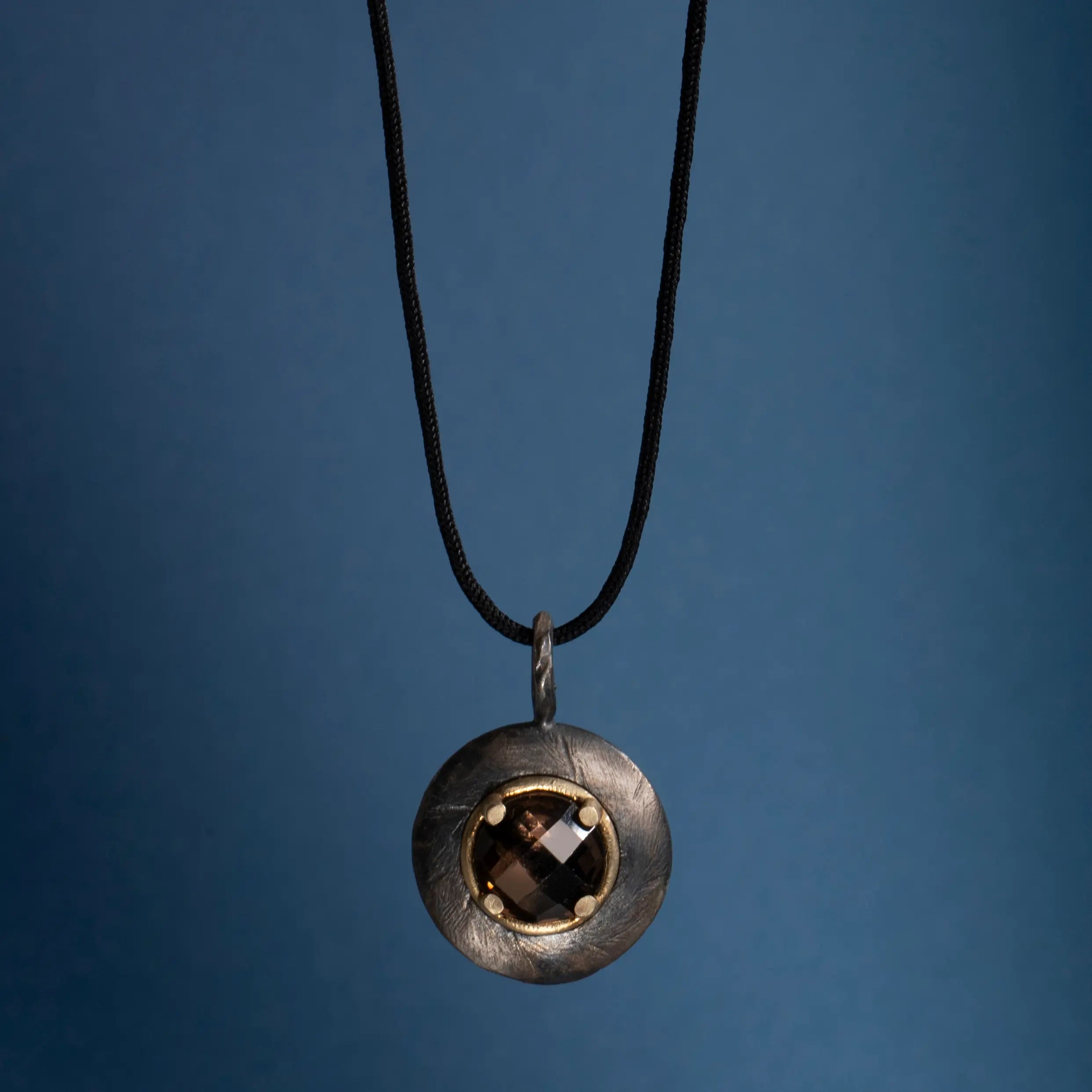 Smoky Quartz Disc Necklace Silver and 14K Gold with black oxidized finish and natural smoky quartz pendant for men and women.