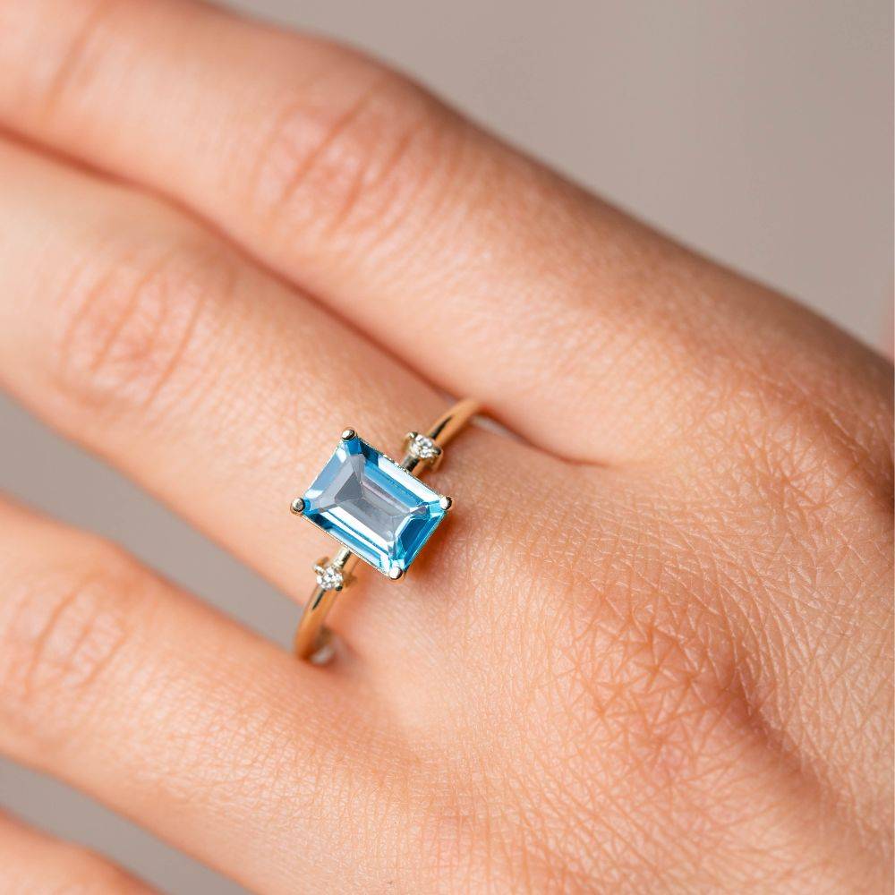 14K Gold Swiss Blue Topaz Diamond Ring