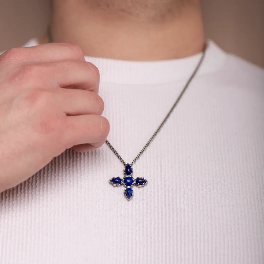 Large Cross Necklace Lapis Lazuli Oxidized Silver on white shirt