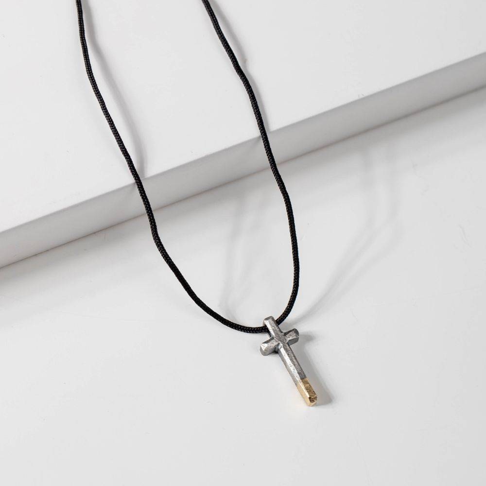 Oxidized silver gold cross necklace, handcrafted sterling silver with 14K gold accents, 20mm x 9mm pendant on 75cm chain for men and women.