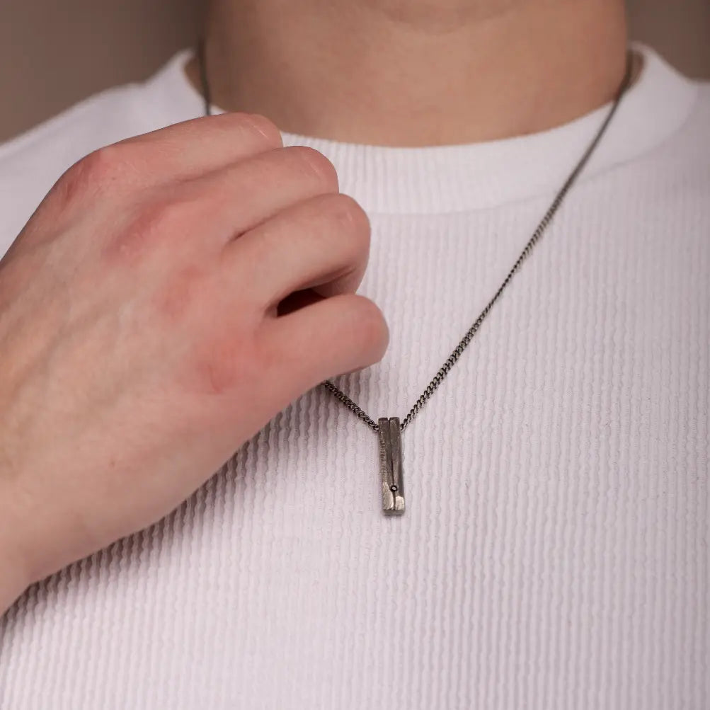Bar Necklace Oxidized Silver 925 Black Diamond pendant on a man wearing a white shirt.