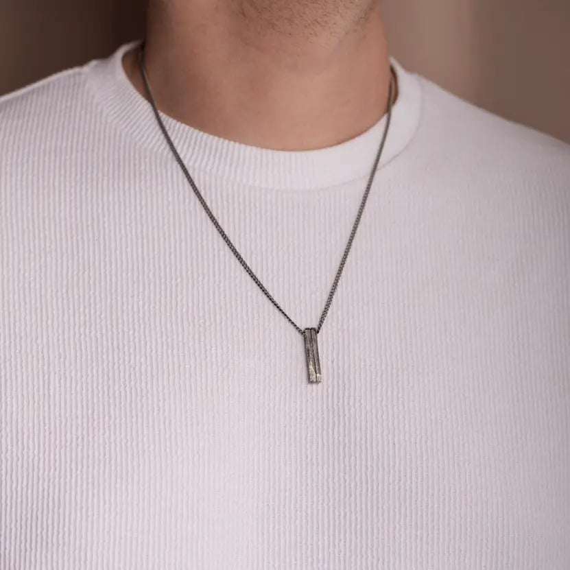 Bar Necklace Oxidized Silver 925 on male model, sterling silver, black oxidized finish, 28mm bar pendant, stylish men's jewelry gift.