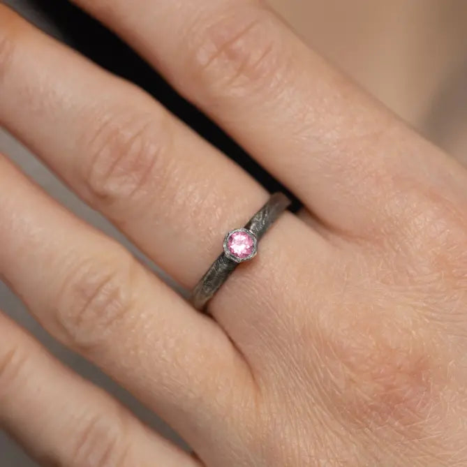 Oxidized silver 925 ring with 0.16ct pink tourmaline on hand, handcrafted in brutalist style, perfect engagement gift for her.