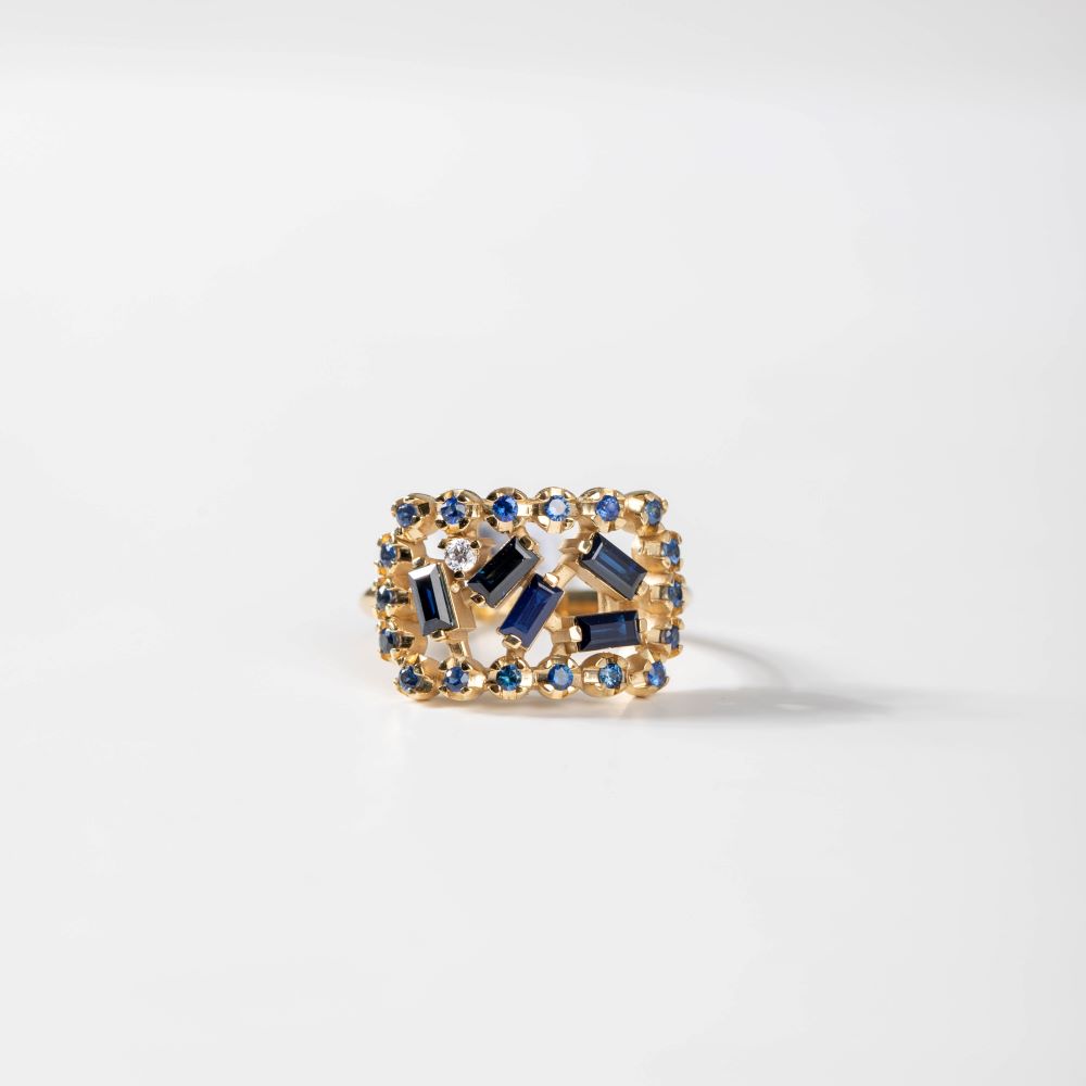 Blue Sapphire Baguette Diamond Ring 14K Gold