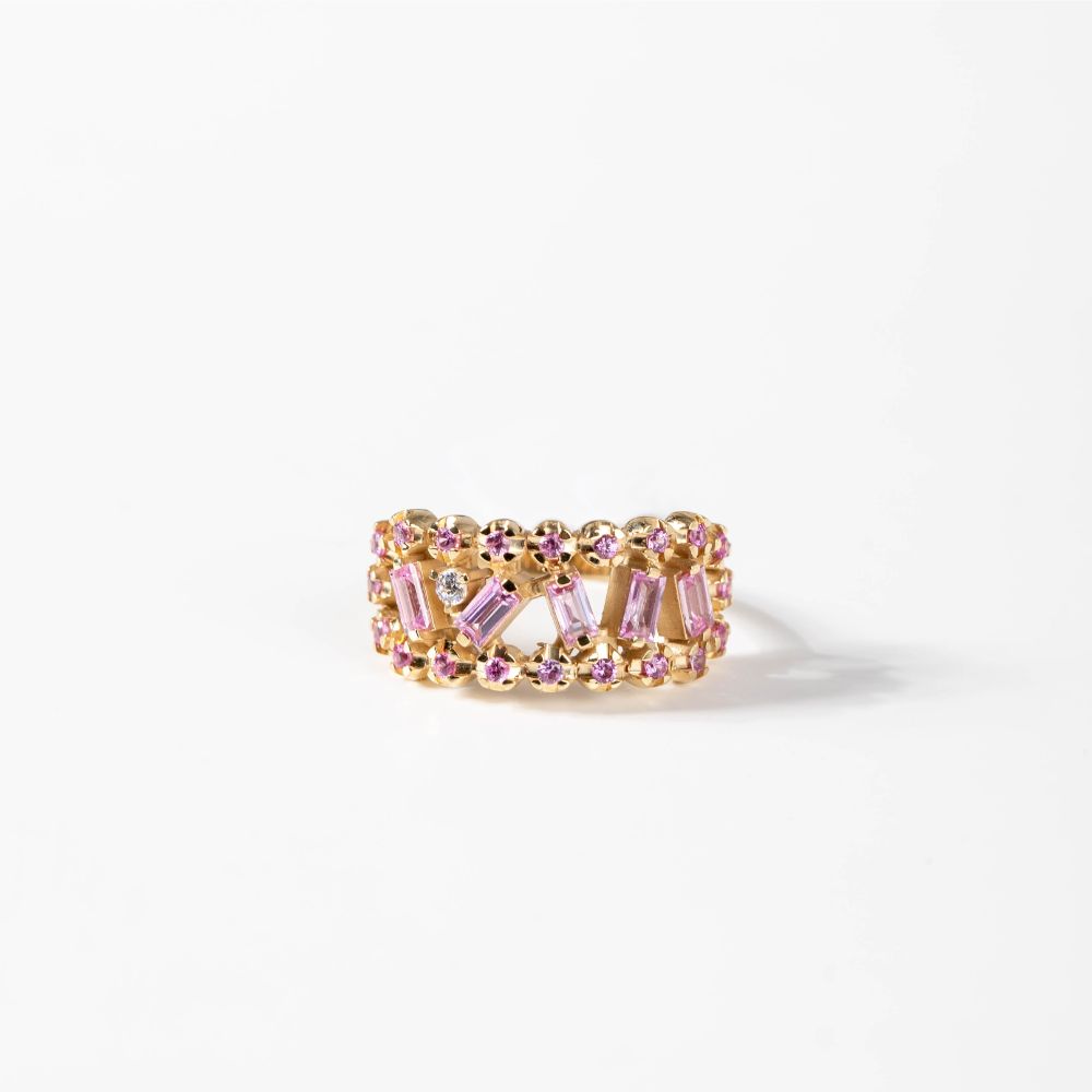 Pink Sapphire Baguette Diamond Ring 14K Gold