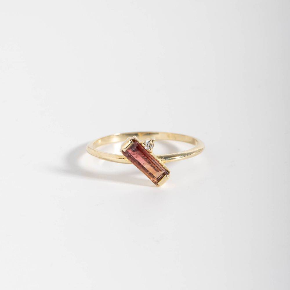 Orange Watermelon Tourmaline Diamond Ring 14K Gold