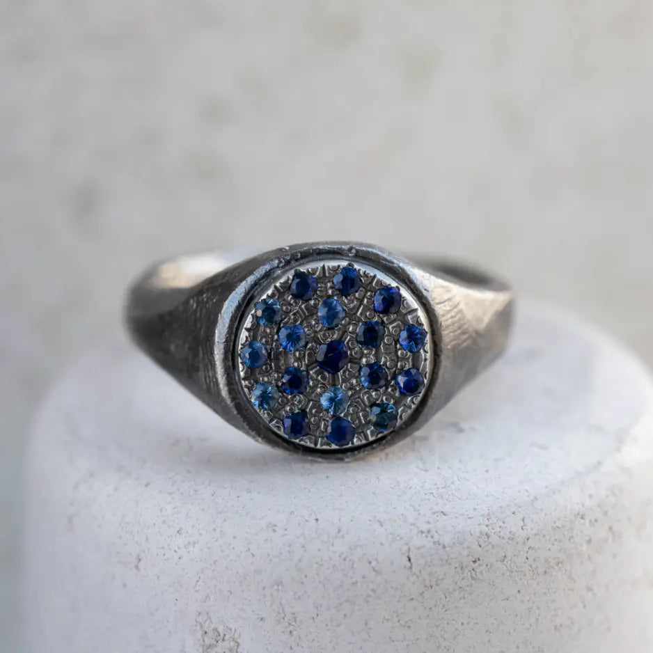 alt_tag: Signet Ring Oxidized Silver 925 Sapphire with blue sapphires, 13mm wide handcrafted brutalist style, high quality gift for him.