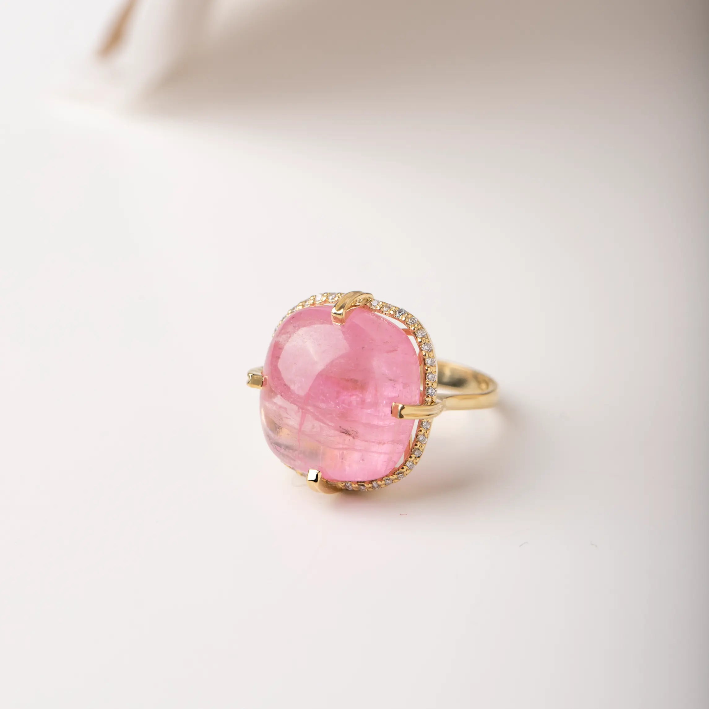 18K Pink Tourmaline Diamond Engagement Ring with natural gemstones, ideal for proposals or anniversaries, set in elegant gold.