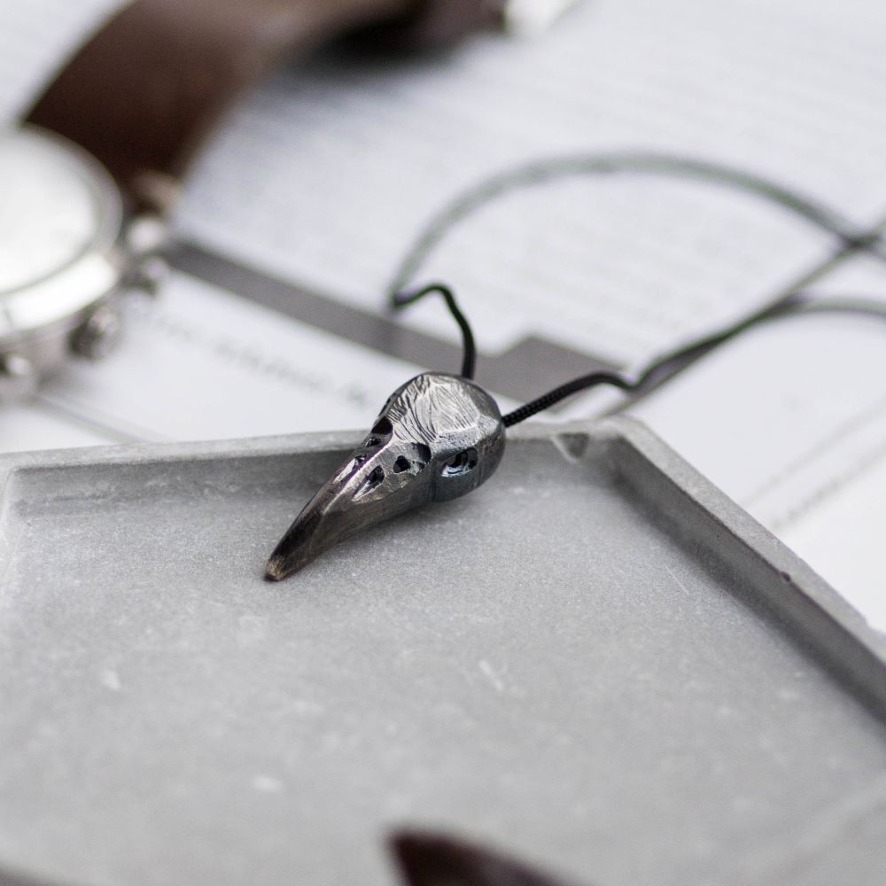 Raven Skull Necklace Oxidized Silver