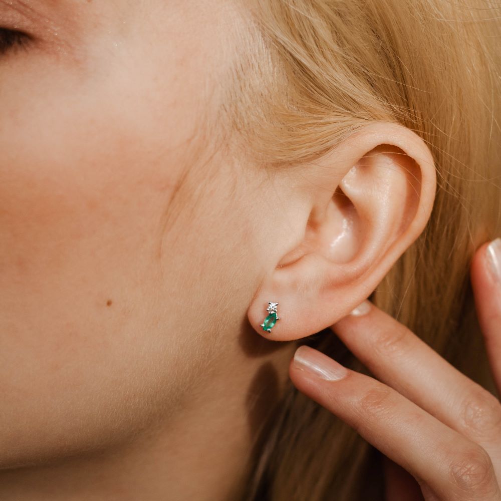 Emerald Diamond Earrings 14K White Gold Kyklos