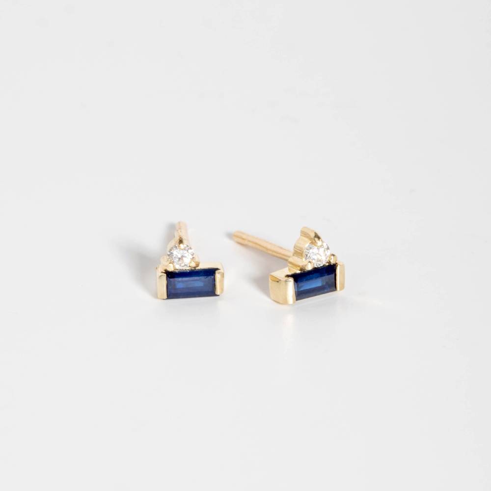 Blue Baguette Sapphire Diamond Studs 14K Gold
