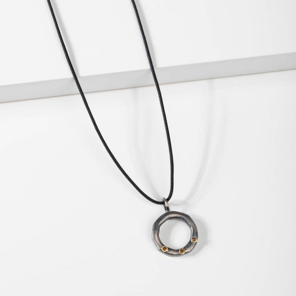 Brown diamond circle necklace in sterling silver and 14K gold with oxidized finish for men and women, perfect handmade gift for him.