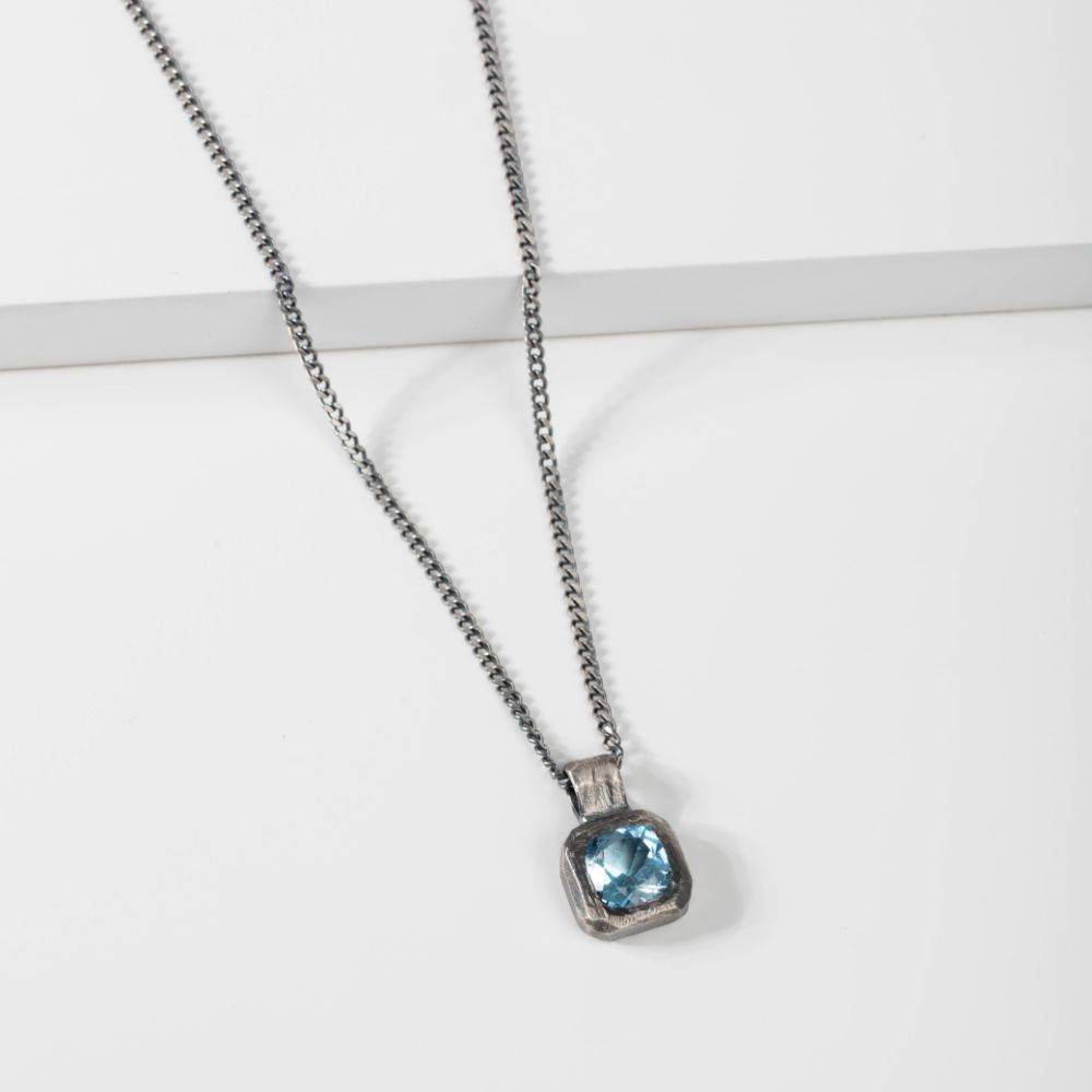 Blue Topaz Necklace Oxidized Silver 925 with hand-carved pendant on sterling silver chain, unisex gift, black oxidized finish.