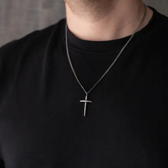 Thin Cross Necklace Oxidized Silver 925 on black shirt