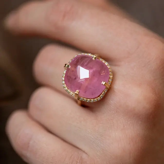 18K Pink Tourmaline Diamond Engagement Ring on hand in elegant setting
