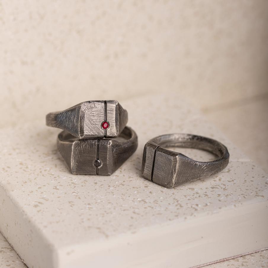Square Ring Oxidized Silver 925 trio with brutalist design displayed on a marble surface, featuring rustic, oxidized sterling silver finish.